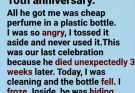 I thought my husband’s anniversary gift was cheap and thoughtless… until years after his death, a hidden secret inside that perfume bottle revealed how wrong I had been.