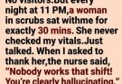 Every night at 11 PM, a woman in scrubs sat beside my hospital bed… but when nurses insisted nobody worked that shift, the note I found later changed everything.